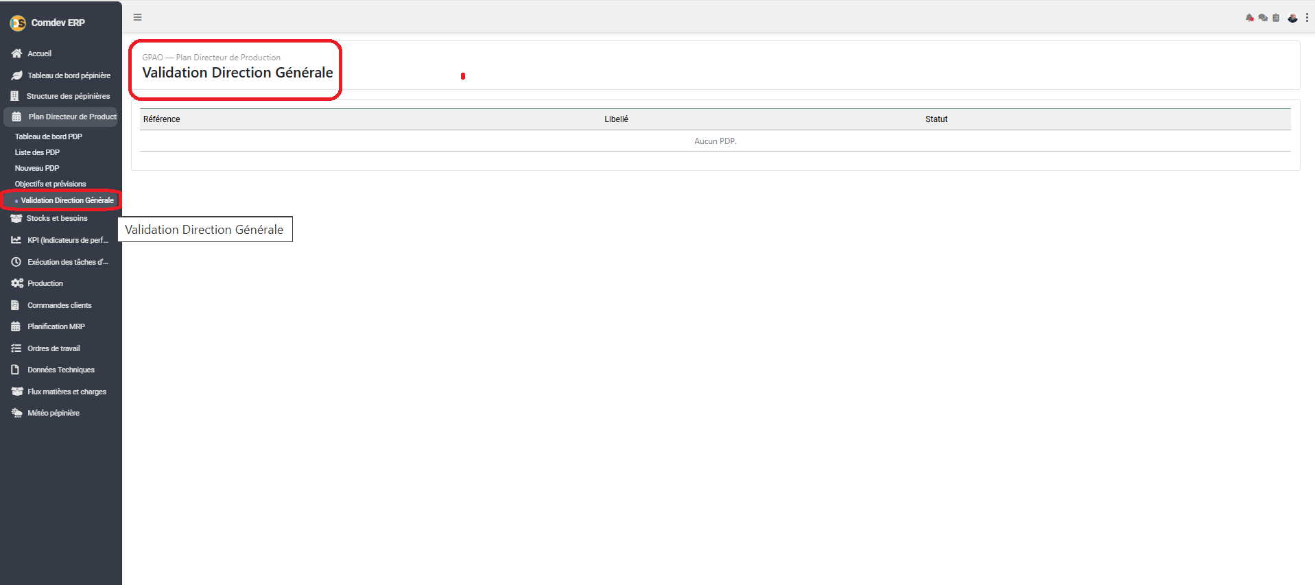 Interface Validation Direction Générale Comdev ERP