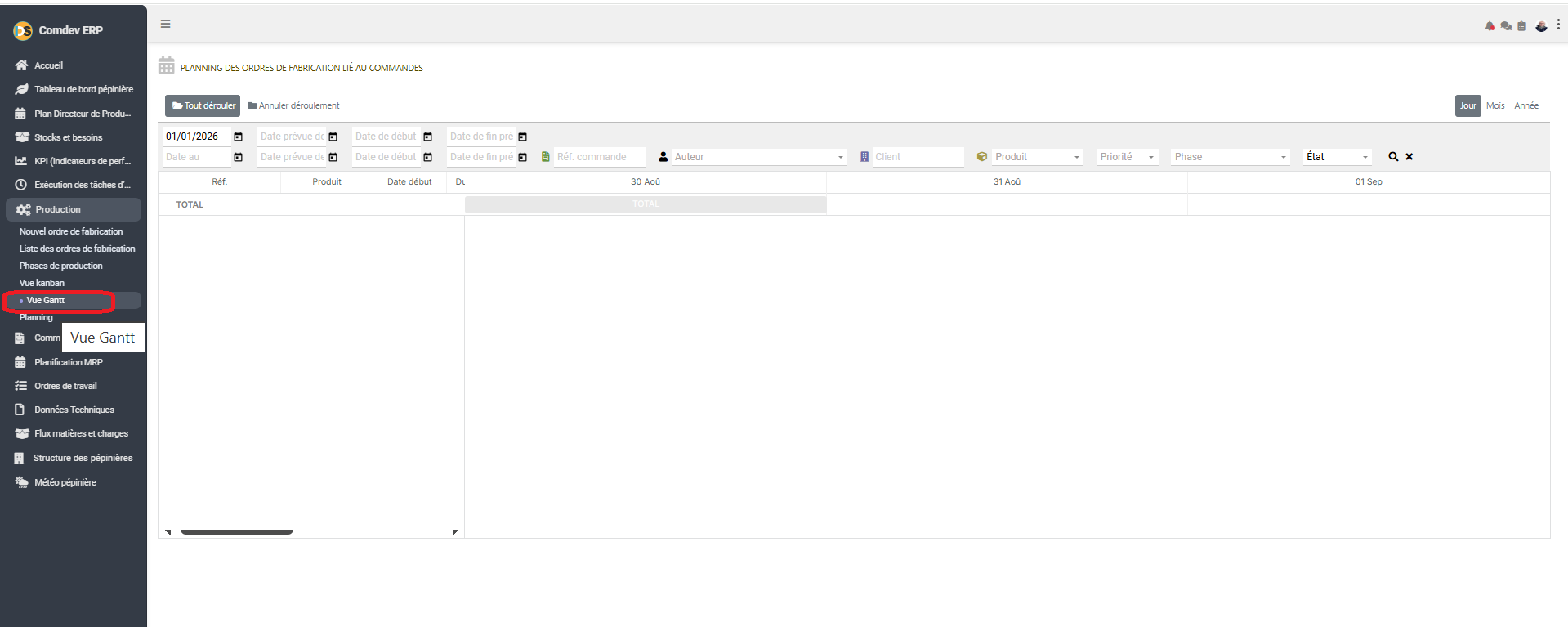 Interface Vue Gantt Comdev ERP
