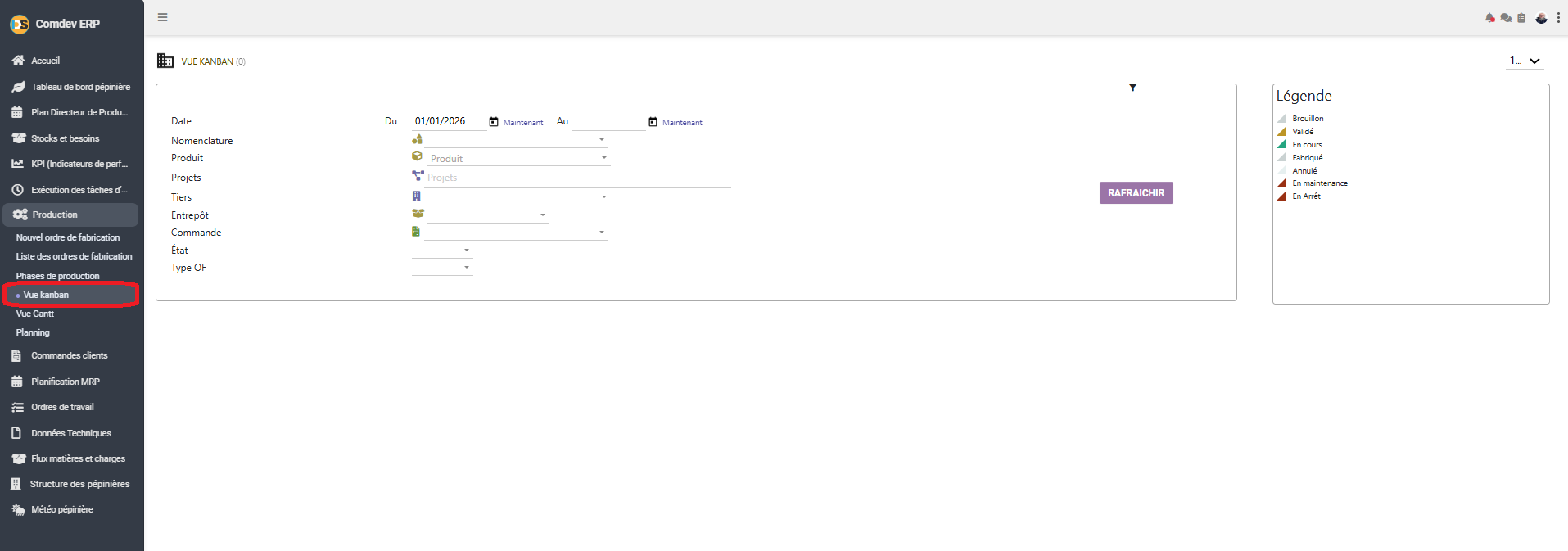Interface Vue Kanban Comdev ERP