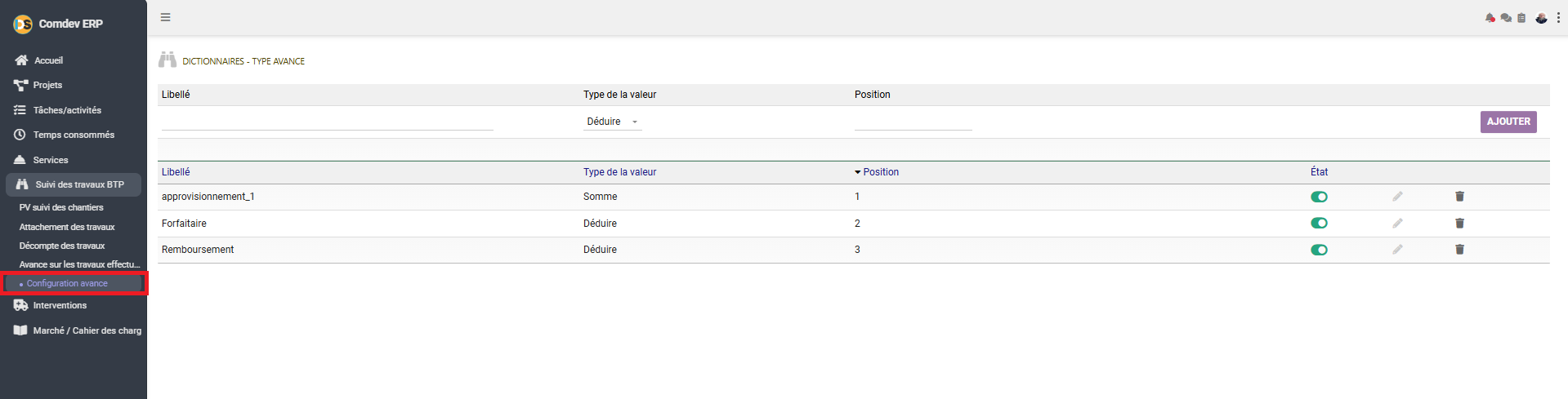 Configuration des types d'avances BTP