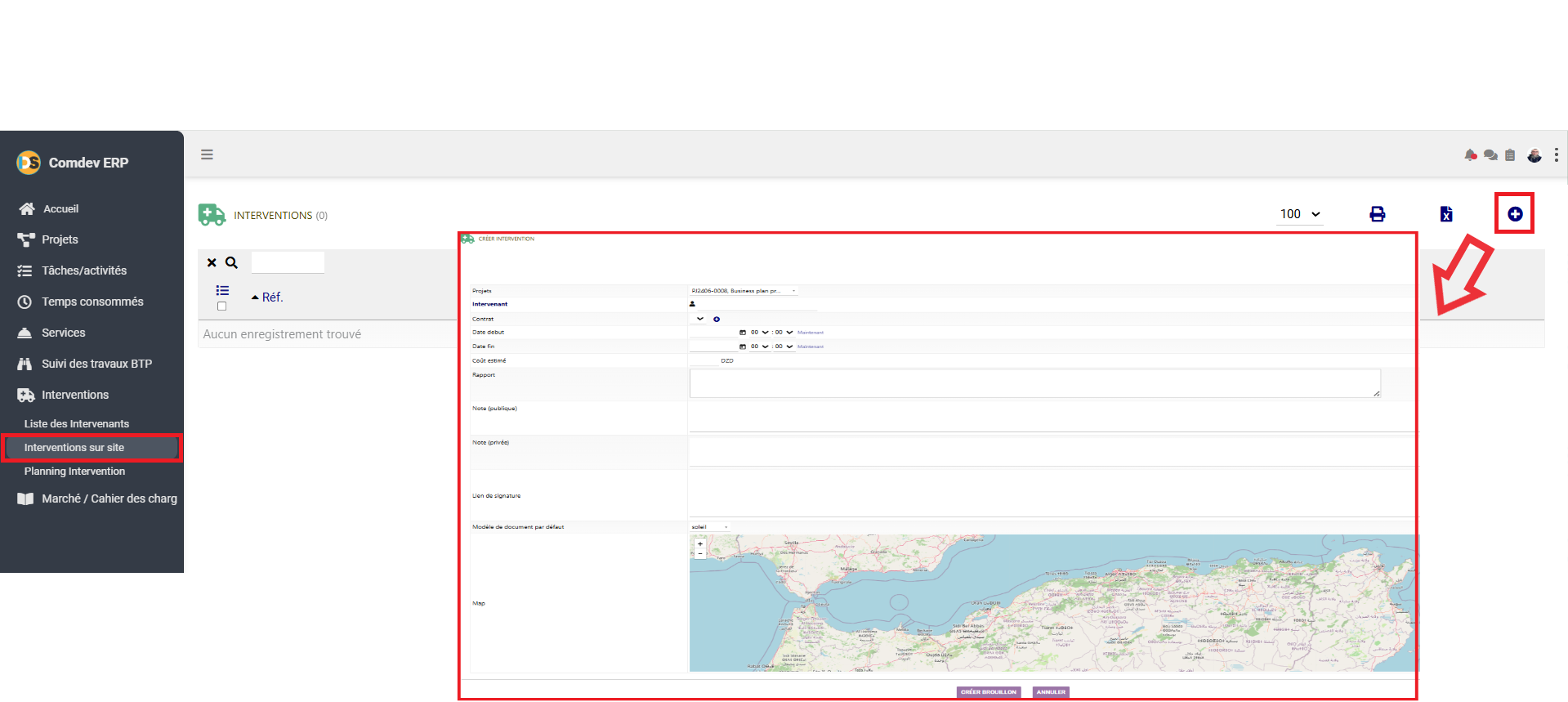 Création d'intervention sur site Comdev ERP