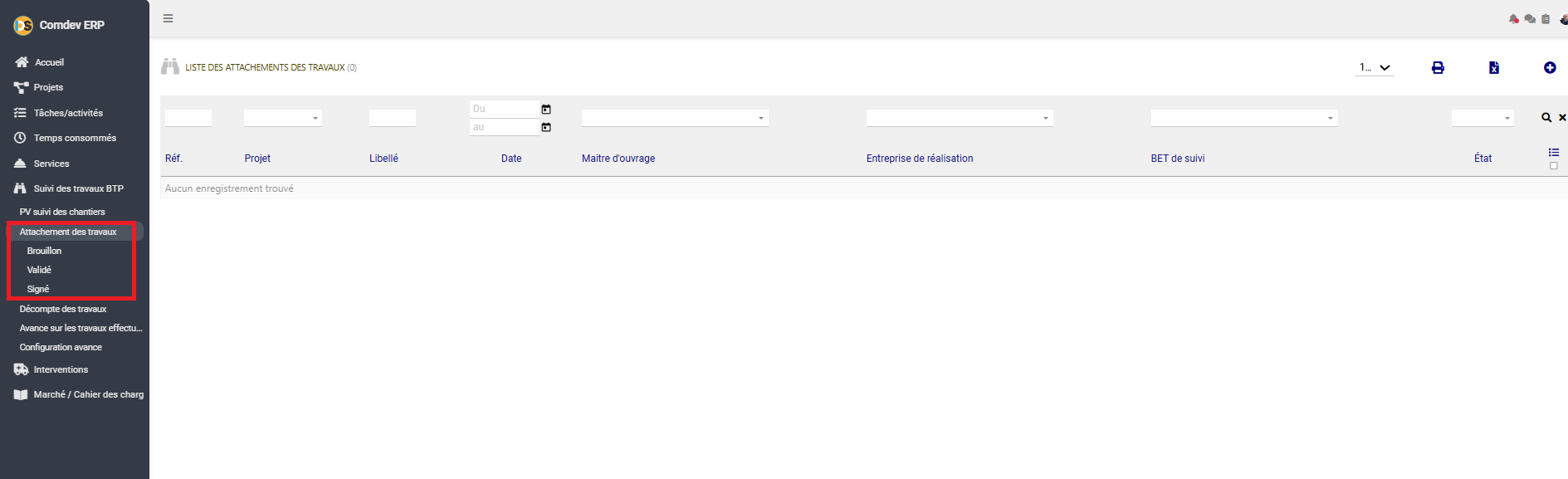 Liste des attachements des travaux BTP