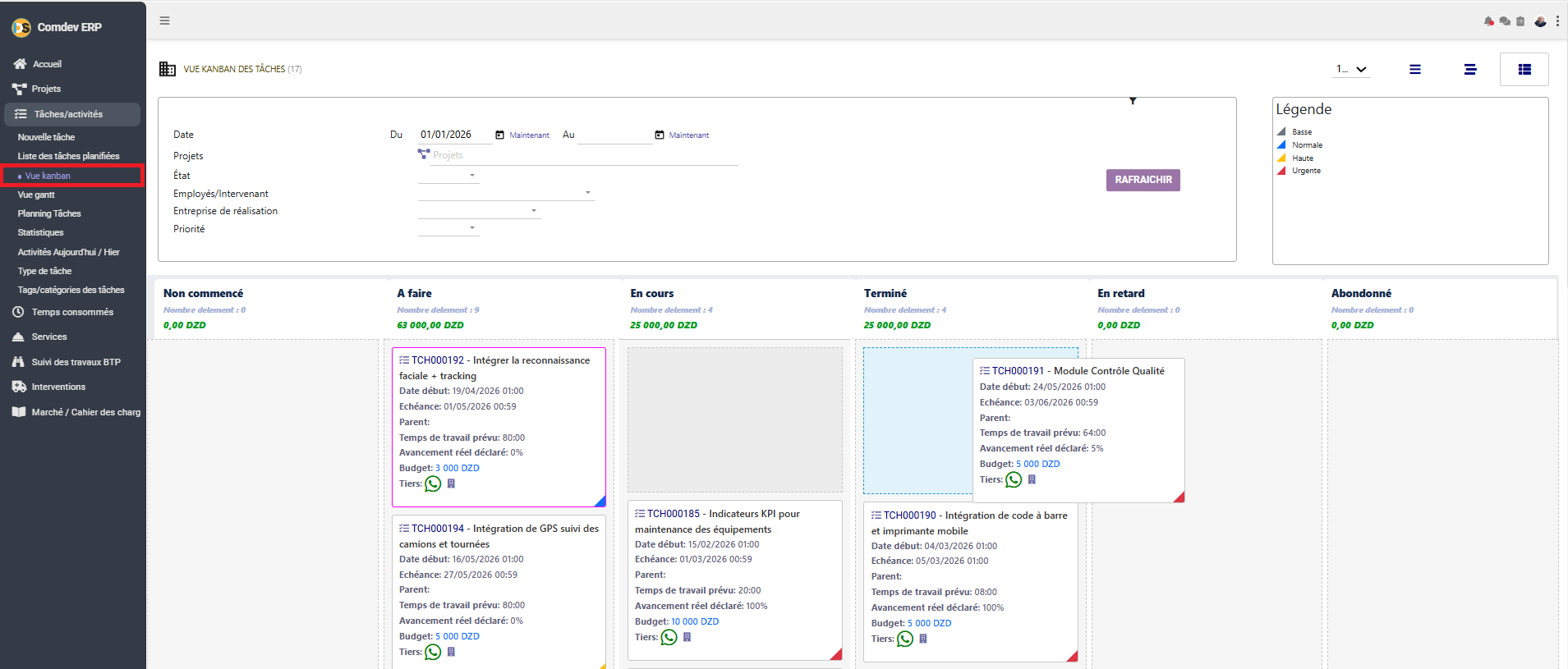 Vue Kanban des Tâches