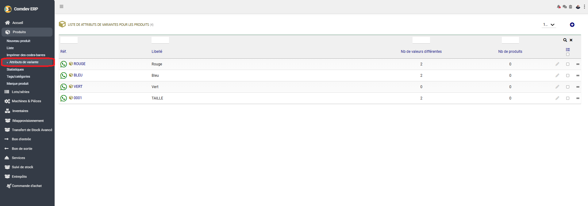 Interface Liste des attributs de variantes Comdev ERP