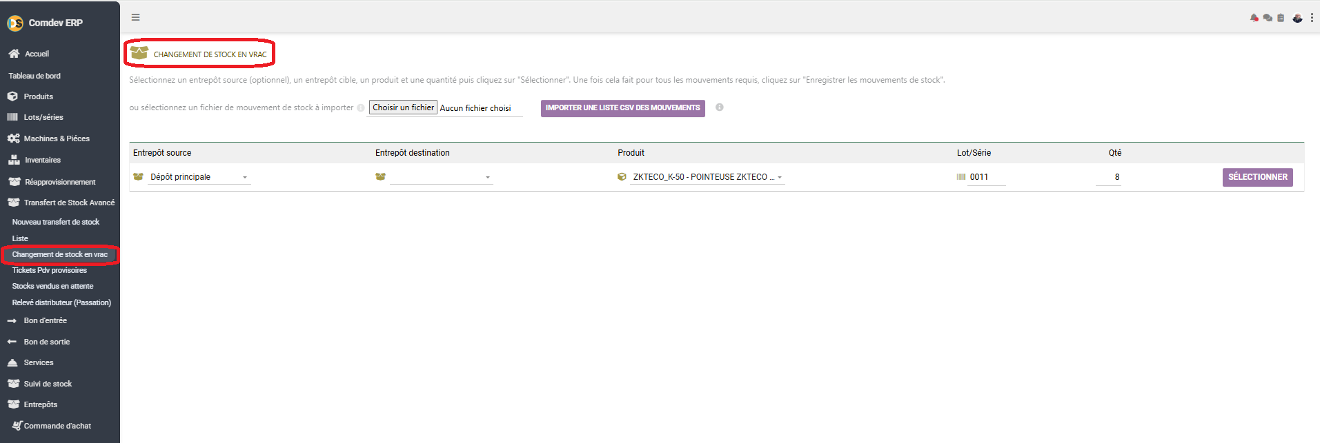 Interface Changement de stock en vrac Comdev ERP