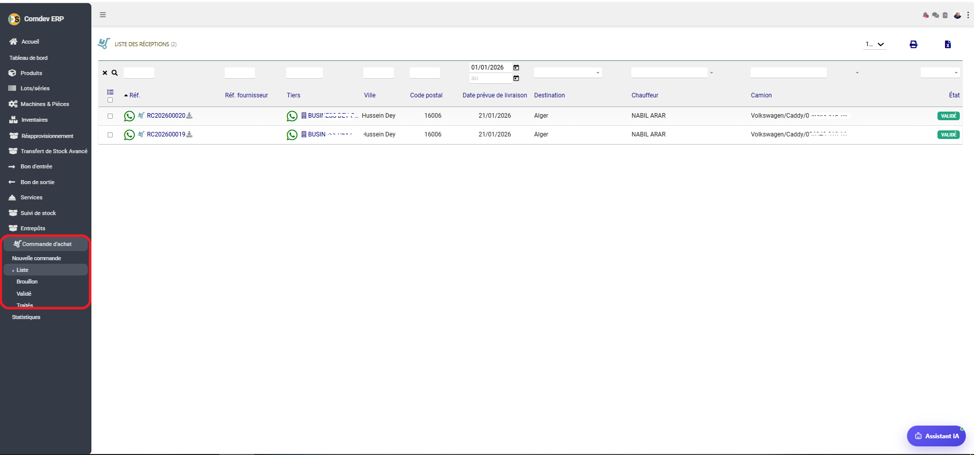 Interface Liste des Réceptions Comdev ERP