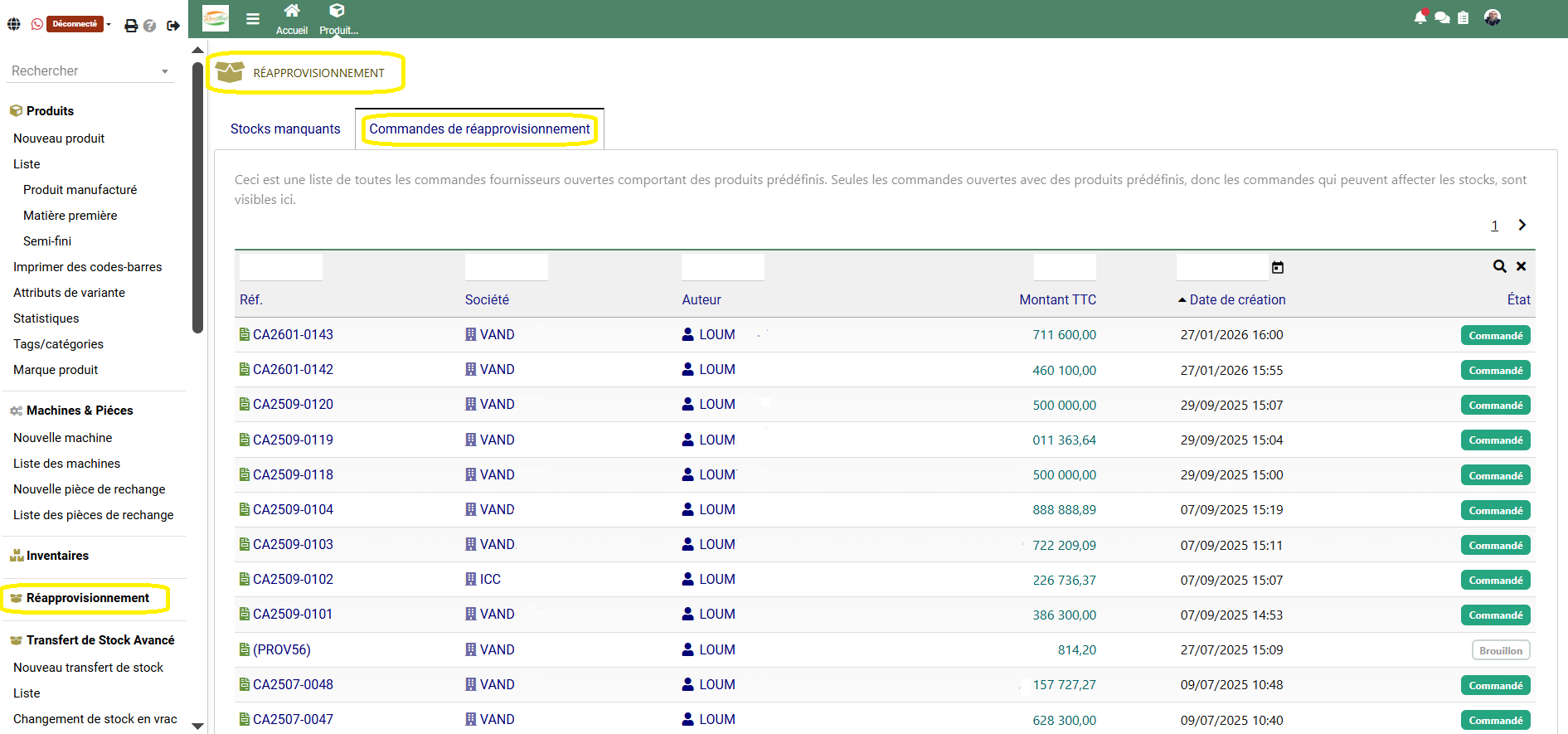 Commandes de réapprovisionnement - ComDev ERP