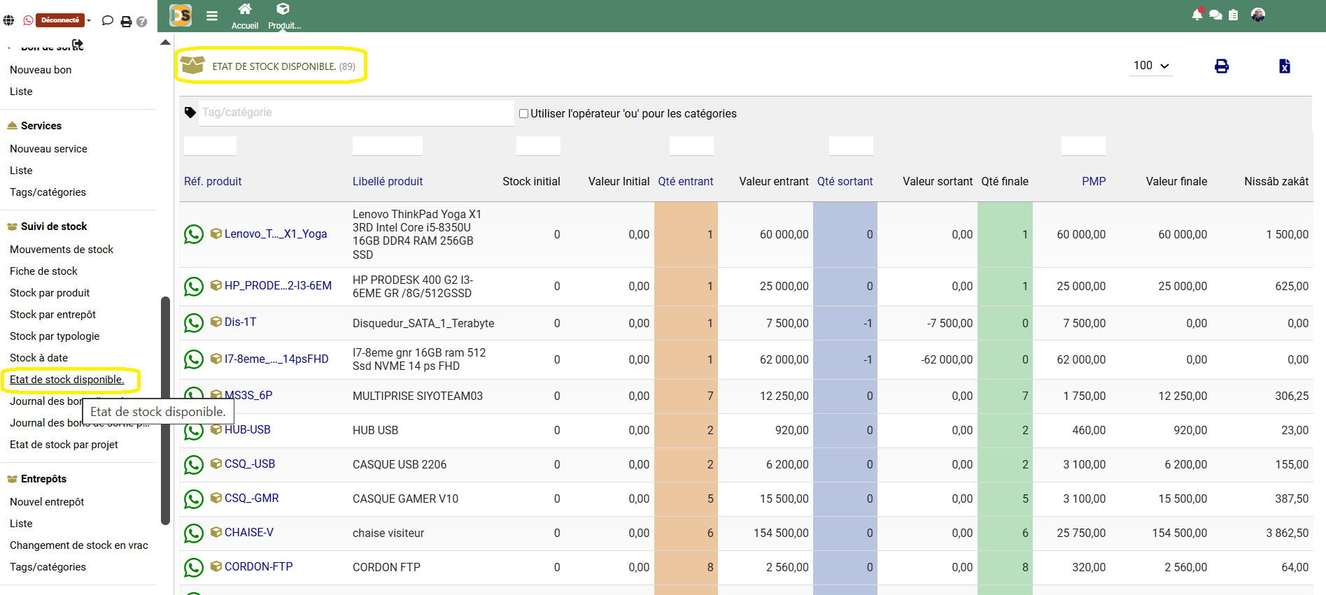 Etat de stock disponible
