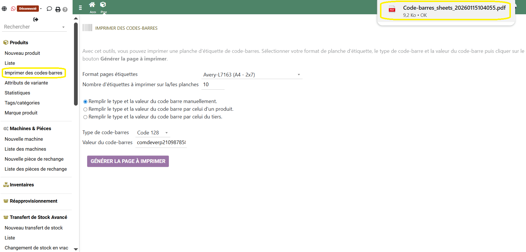 Imprimer des codes-barres - Module Stock