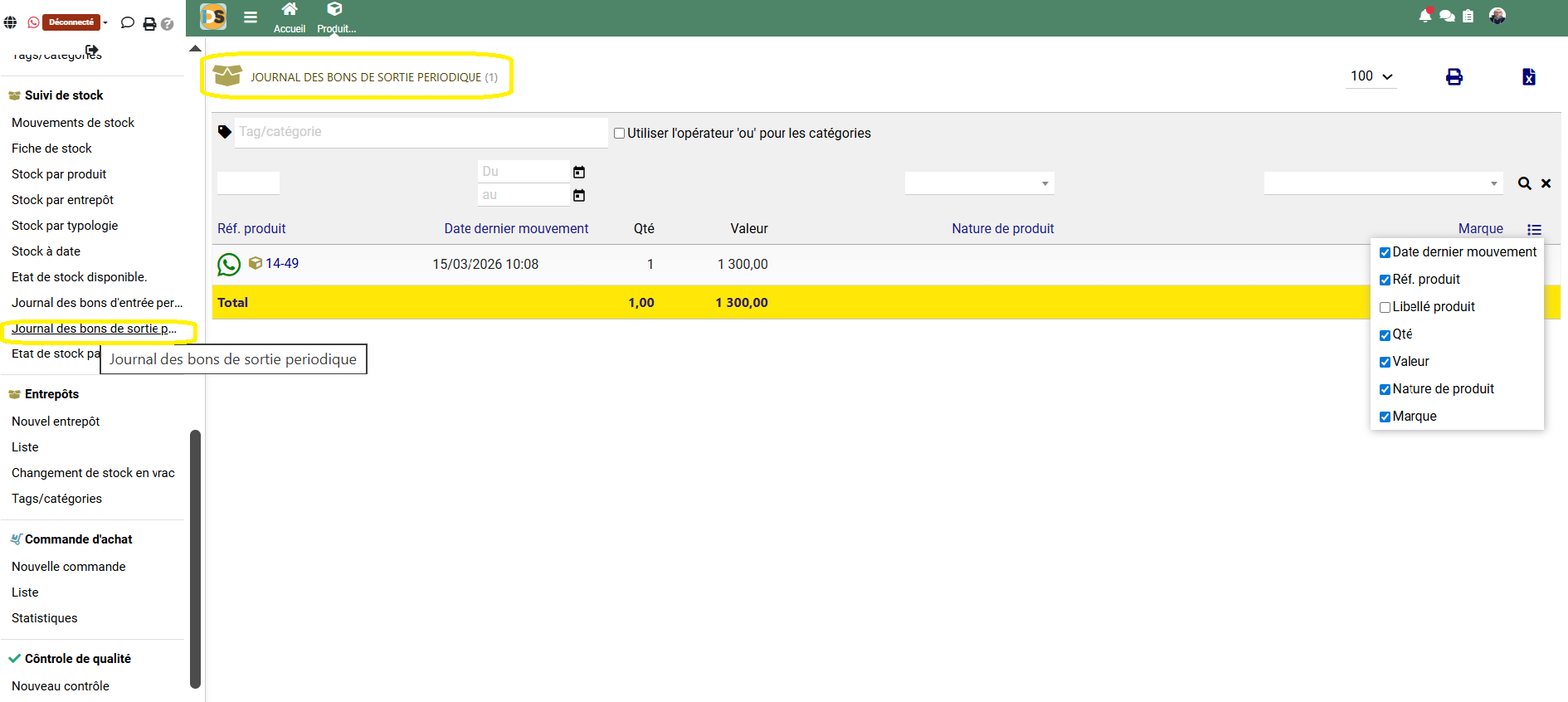 Journal des bons de sortie périodique