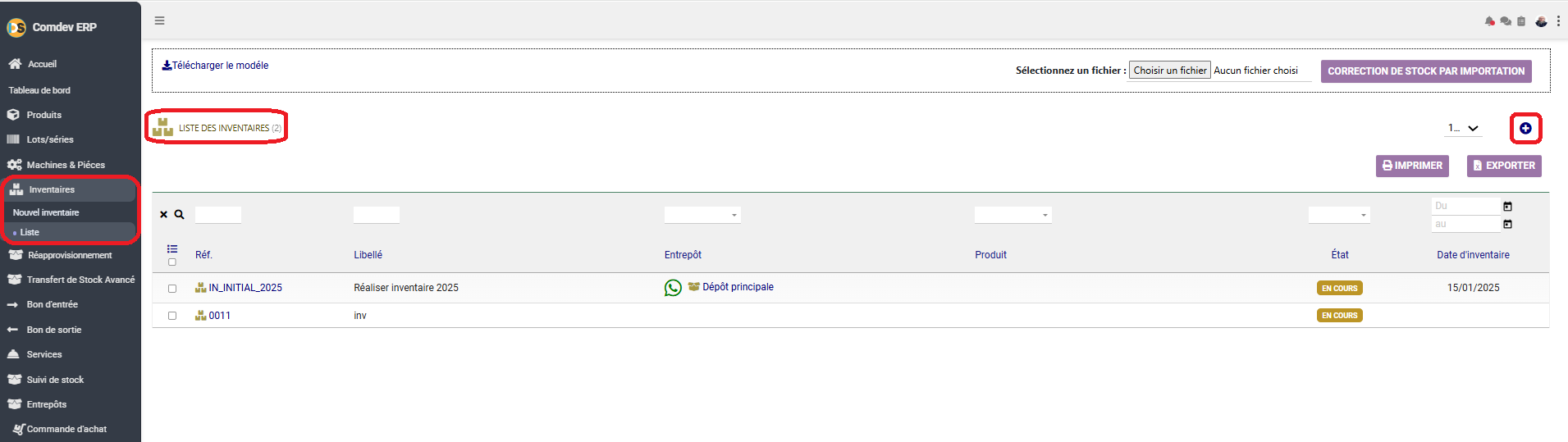 Interface Liste des Inventaires Comdev ERP