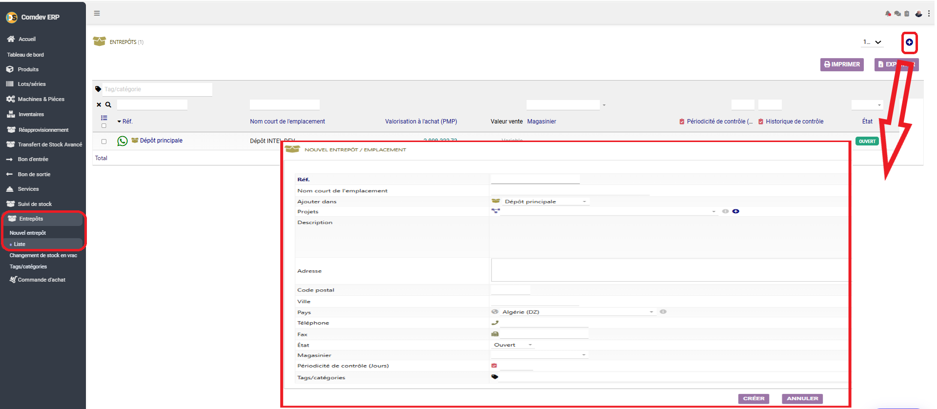 Interface Liste et Création d'Entrepôt Comdev ERP