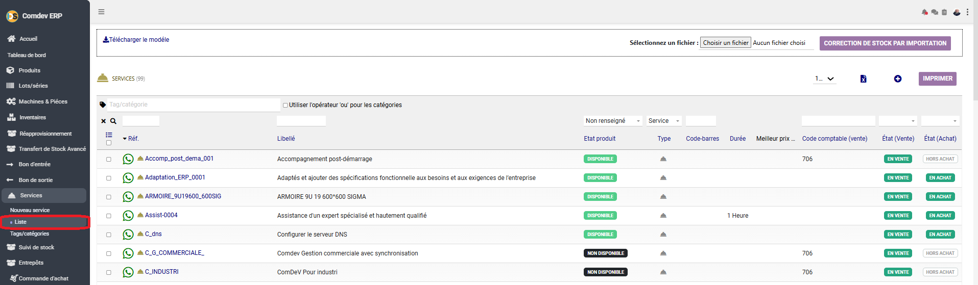Interface Liste des Services Comdev ERP