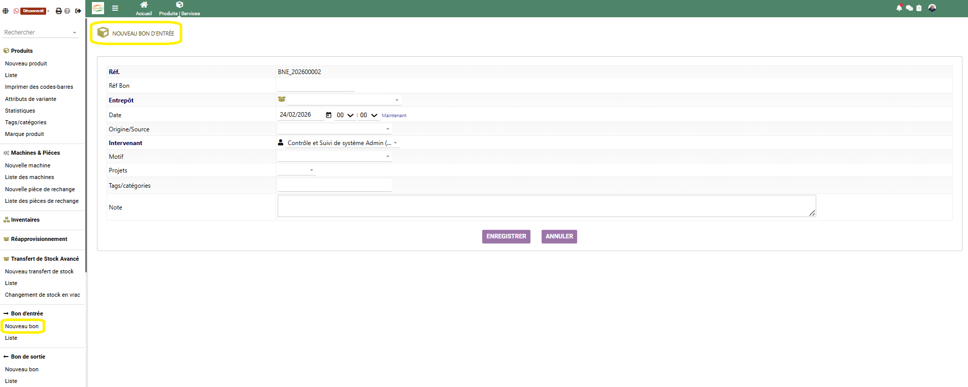 Nouveau bon d’entrée - ComDev ERP