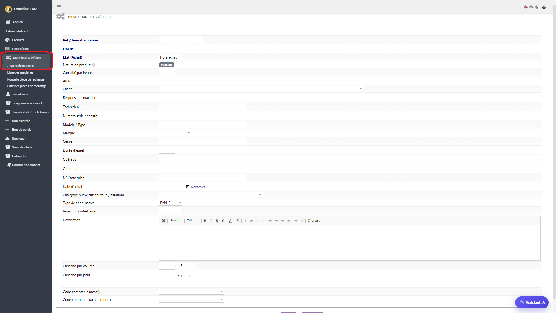 Formulaire Nouvelle Machine Comdev ERP