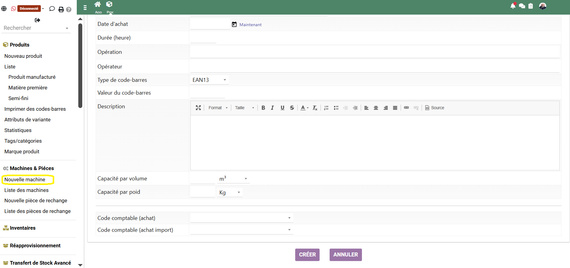 Création nouvelle machine - Comdev ERP
