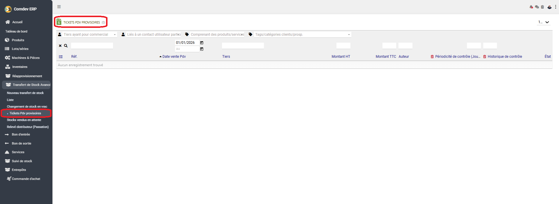 Interface Tickets PDV Provisoires Comdev ERP