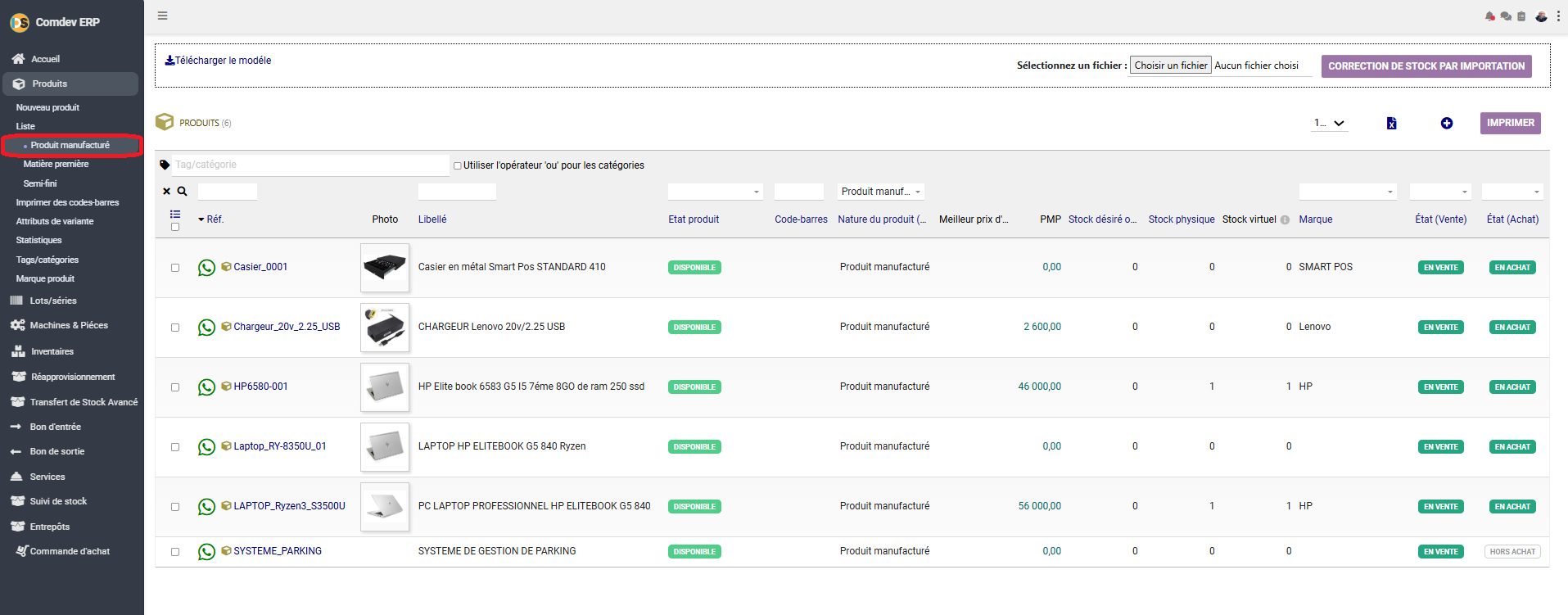 Liste des produits manufacturés Comdev ERP