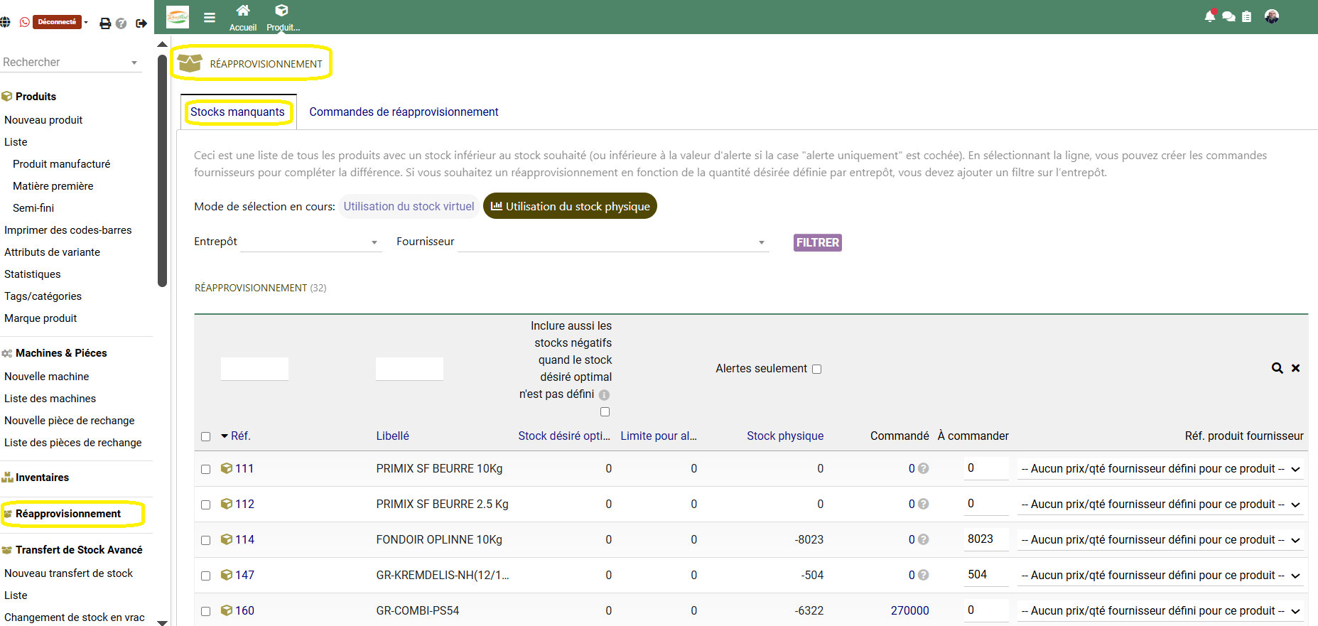 Réapprovisionnement stock manquant - Comdev ERP