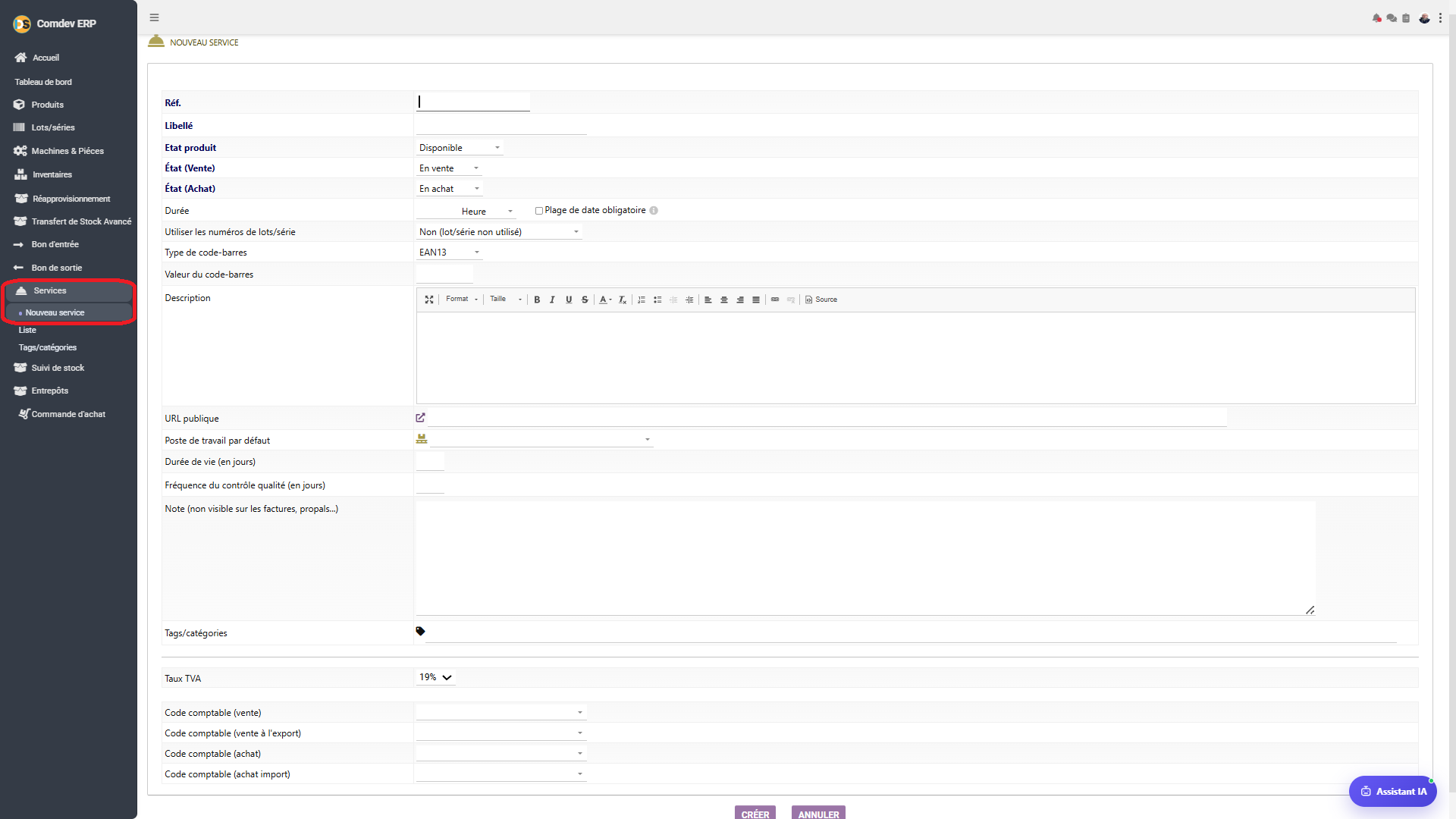 Interface Nouveau Service Comdev ERP