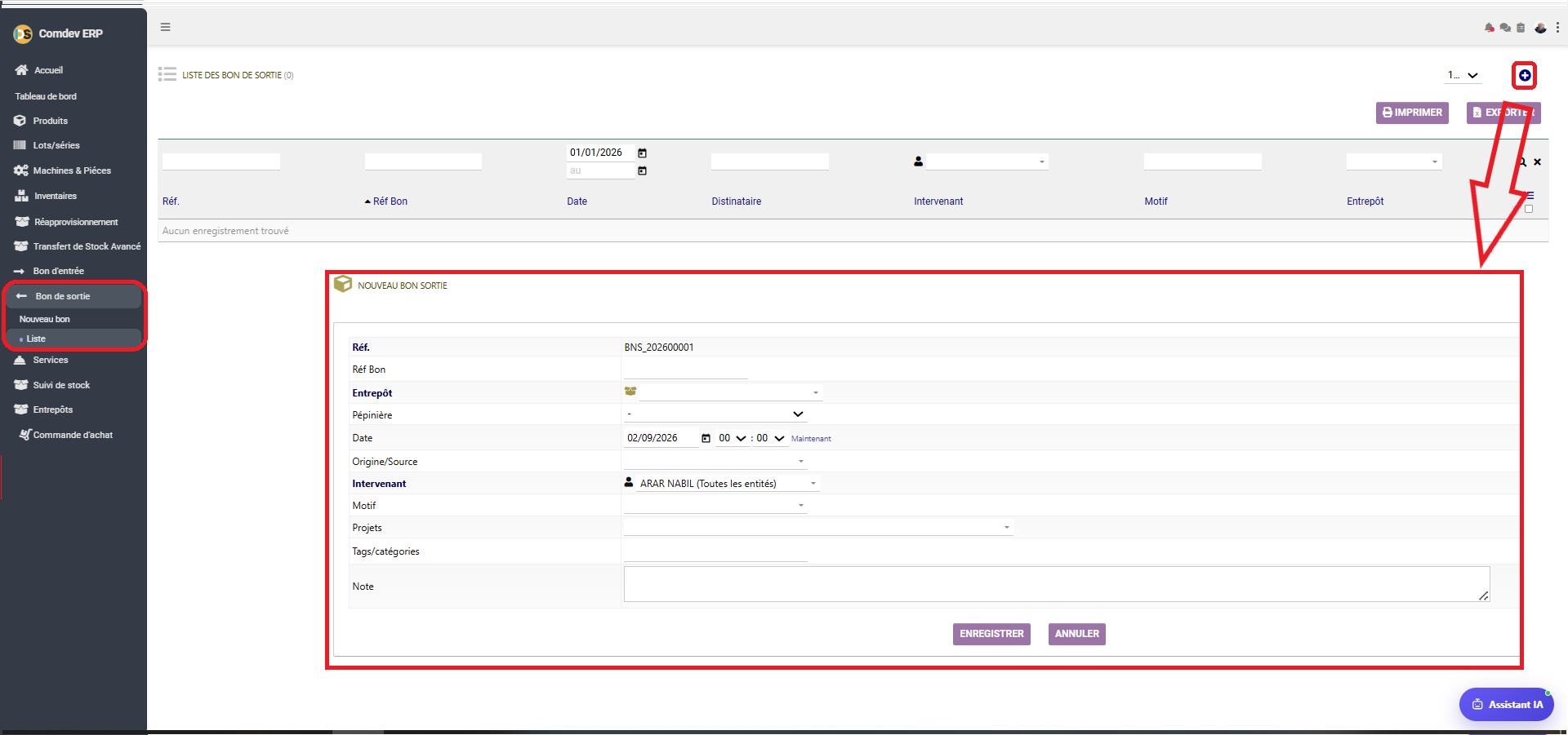 Interface Bon de sortie Comdev ERP