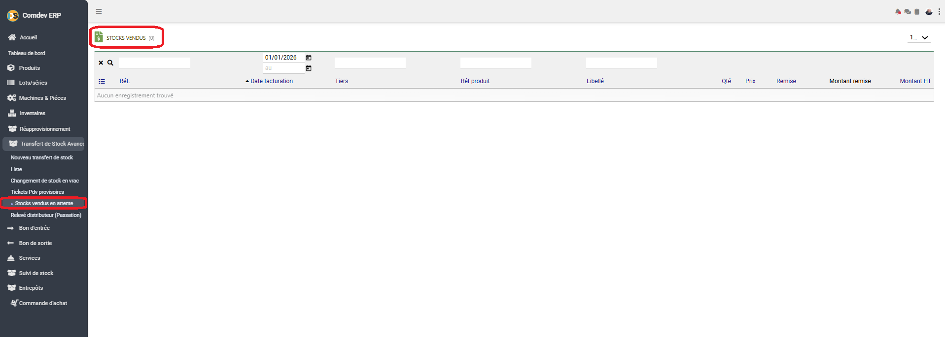 Interface Stocks vendus en attente Comdev ERP