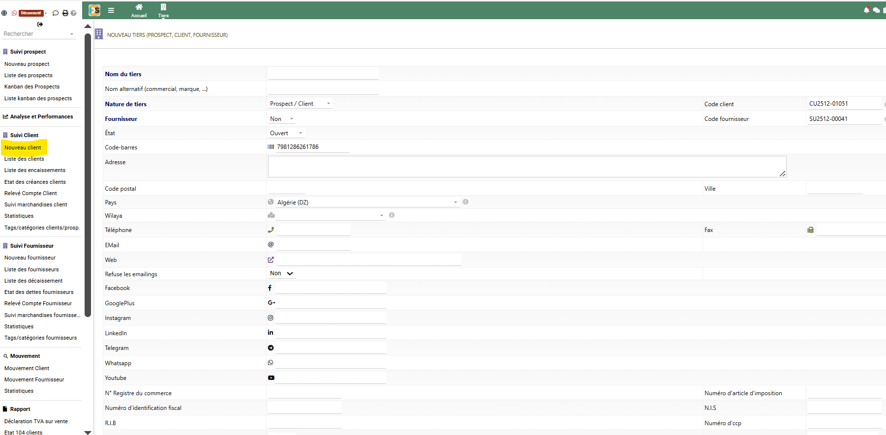 Suivi Client - Nouveau Client - Module TIERS