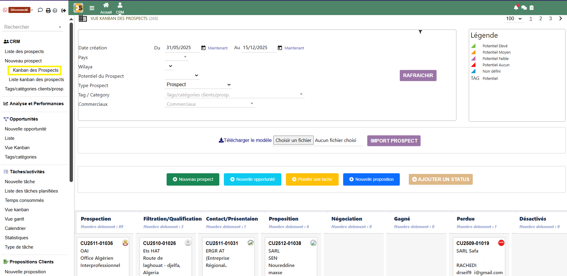 Vue Kanban des prospects CRM