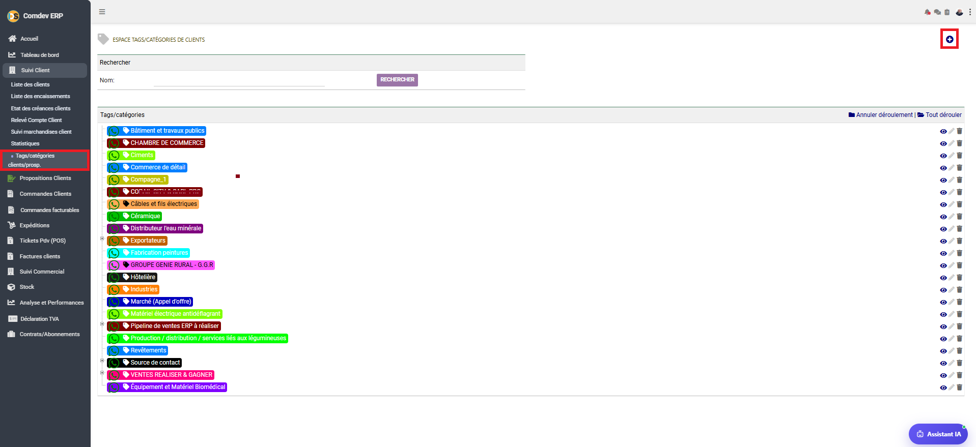 Interface Espace Tags/Catégories de Clients Comdev ERP