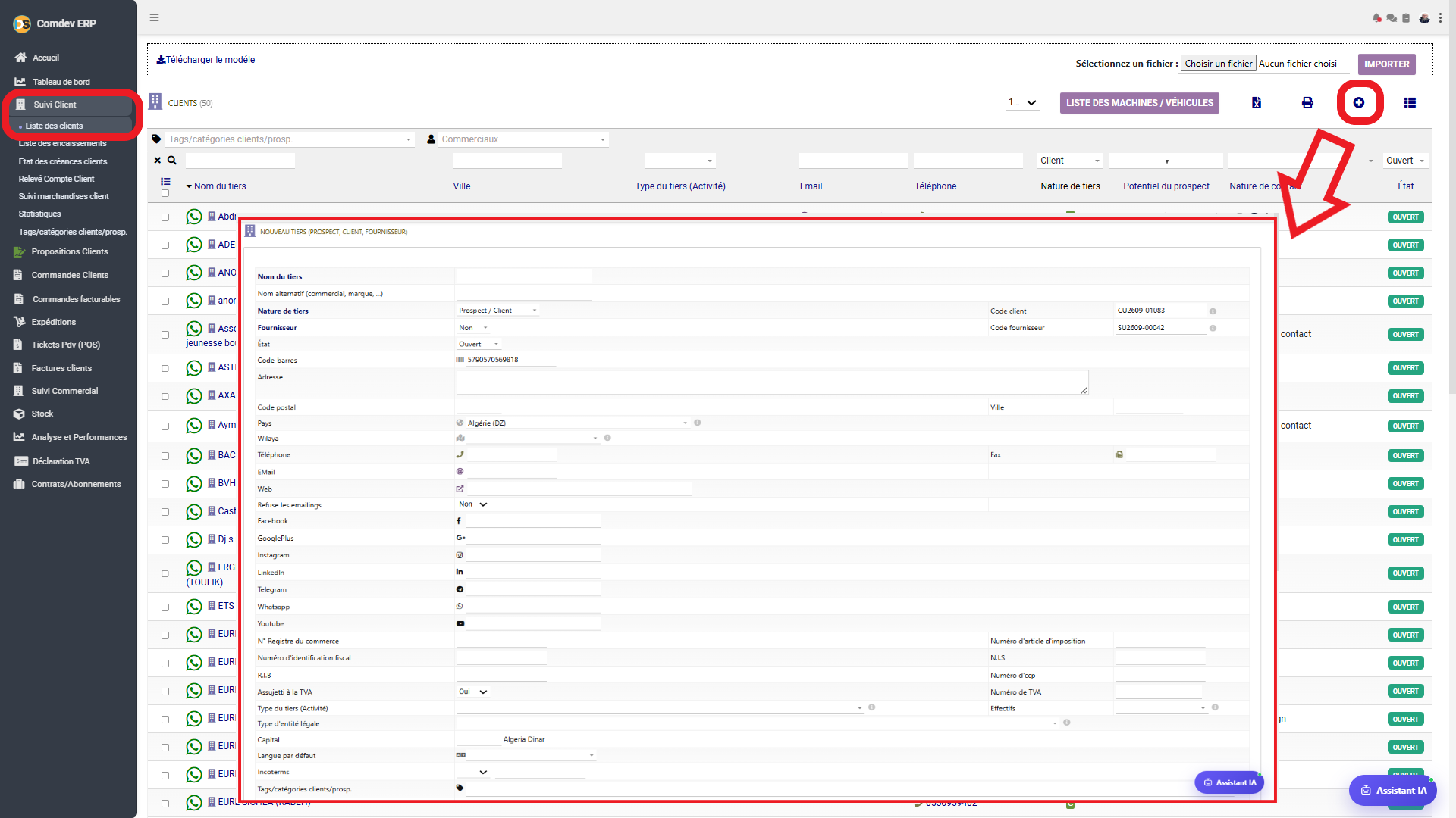 Interface Gestion des Clients et Nouveau Tiers Comdev ERP