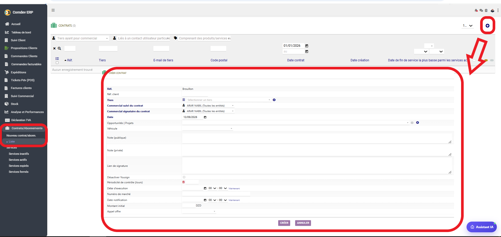 Interface Contrats et Abonnements Comdev ERP