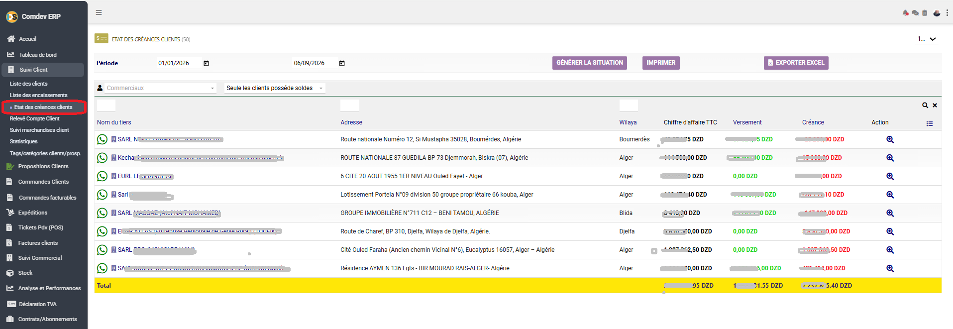 Interface État des Créances Clients Comdev ERP