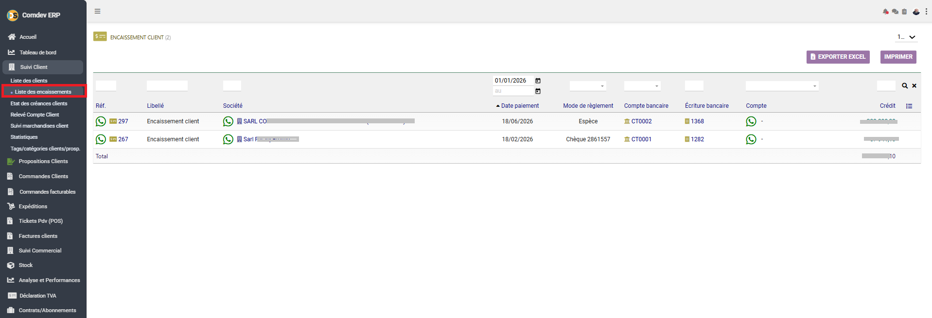 Interface Liste des Encaissements Client Comdev ERP