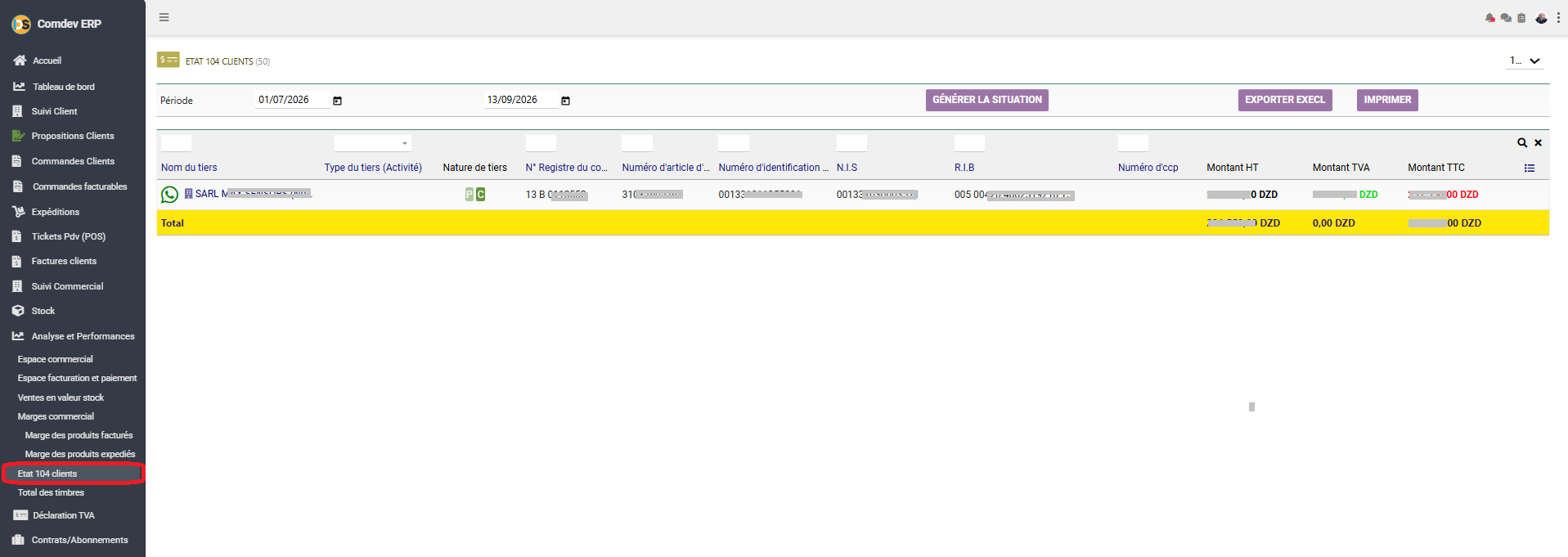 Interface Etat 104 clients Comdev ERP