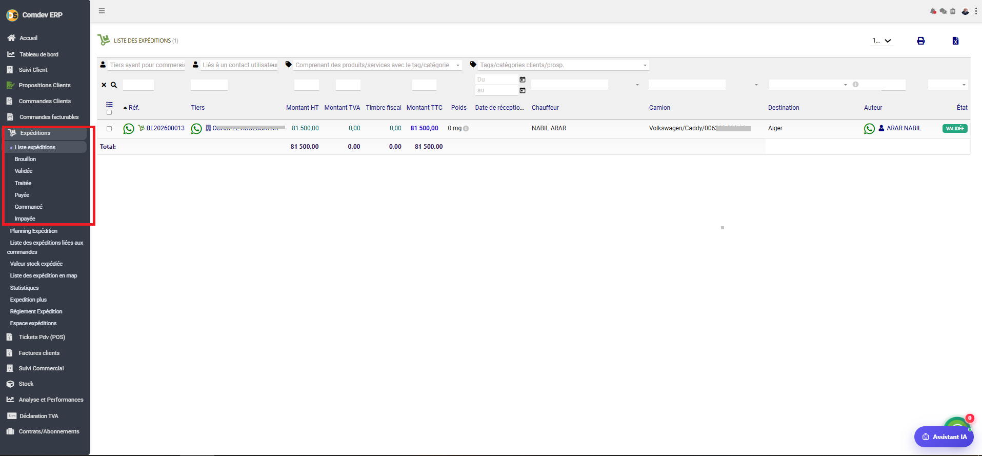 Interface Liste des Expéditions Comdev ERP