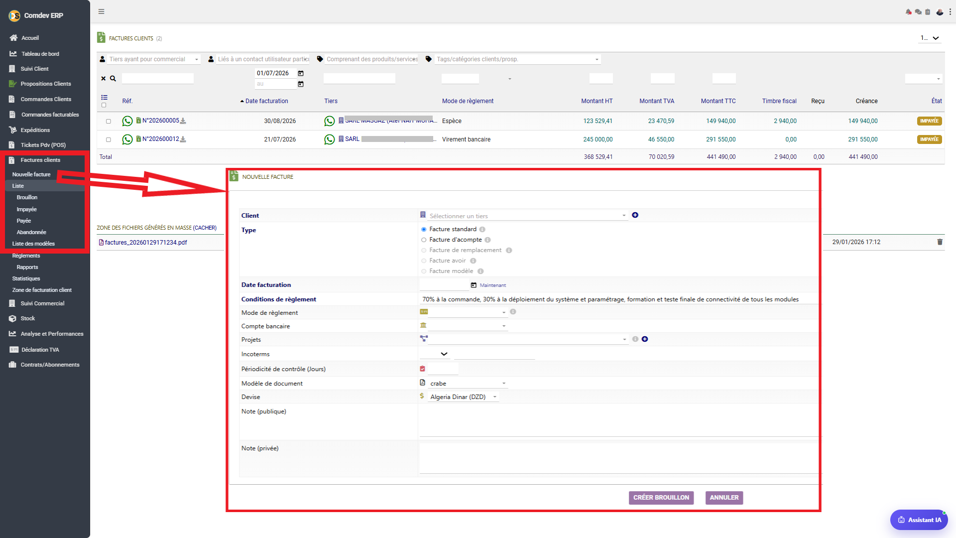 Interface Commandes Facturables Comdev ERP
