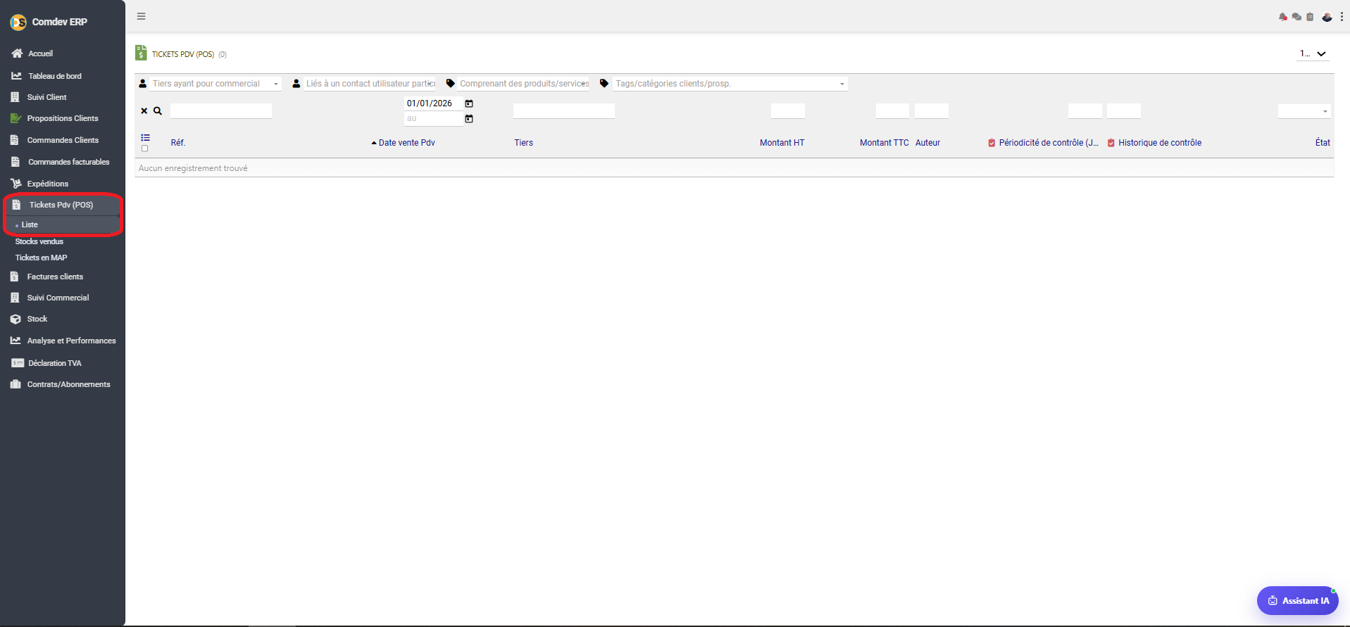 Interface Liste Tickets PDV POS Comdev ERP