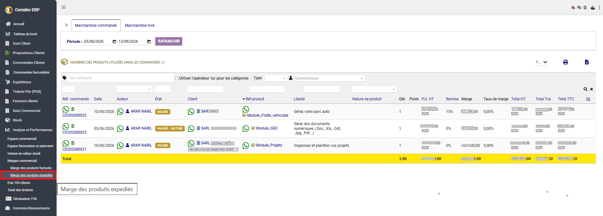 Interface Marge des produits expédiés Comdev ERP