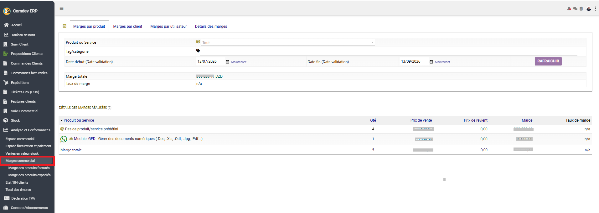 Interface Marges Commerciales Comdev ERP