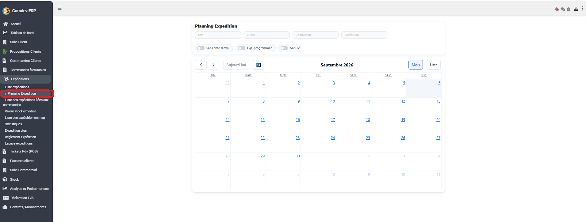Interface Planning Expédition Comdev ERP