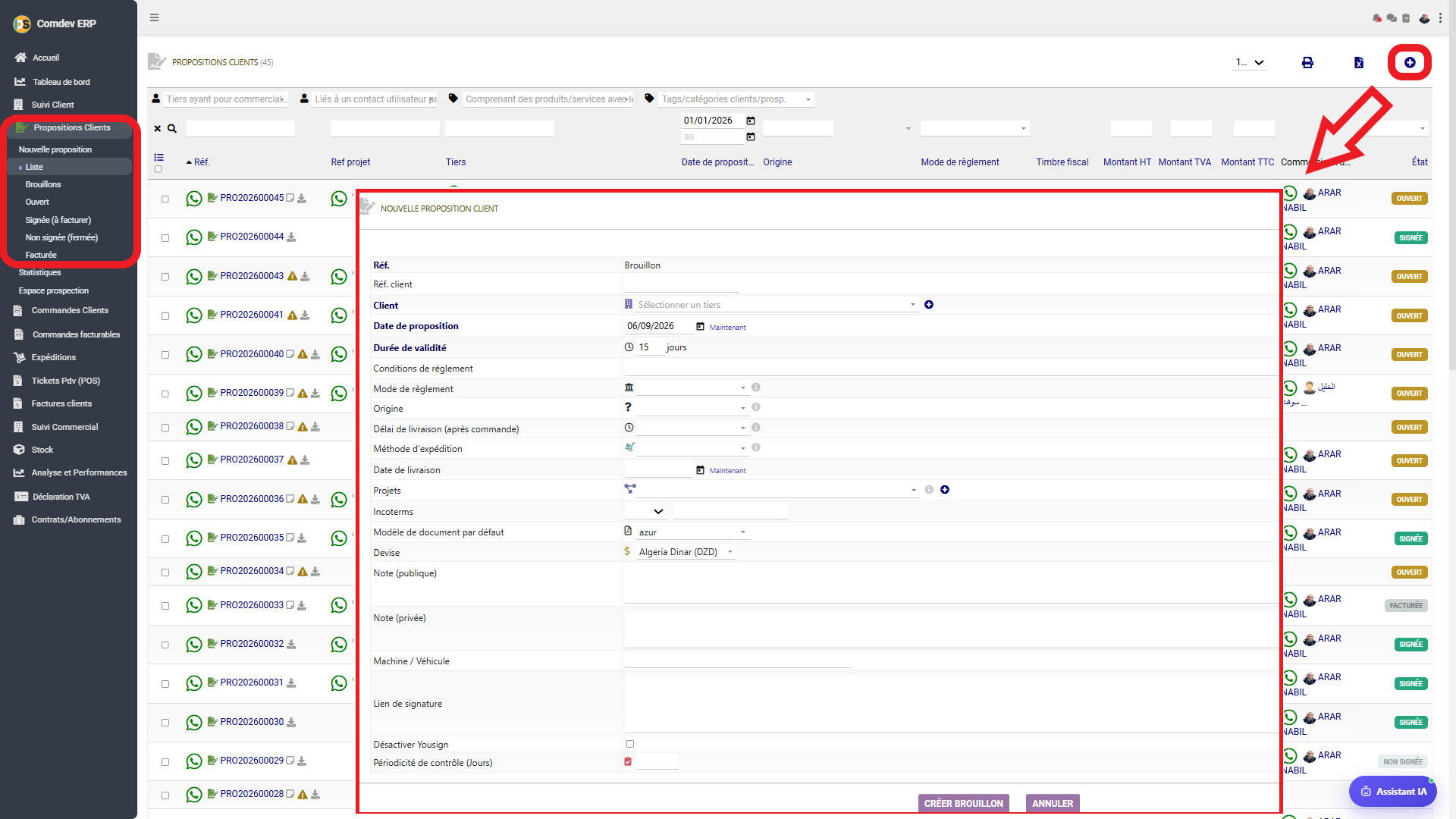 Interface Propositions Clients Comdev ERP