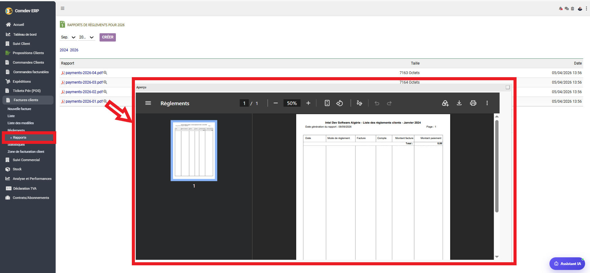 Interface Rapports de règlements clients Comdev ERP