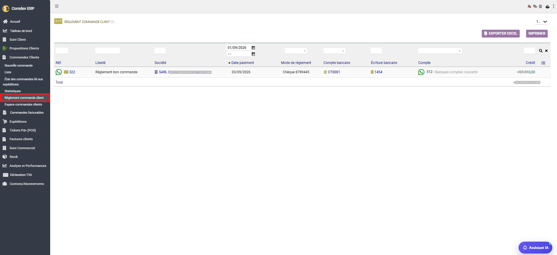 Interface Règlement Commande Client Comdev ERP