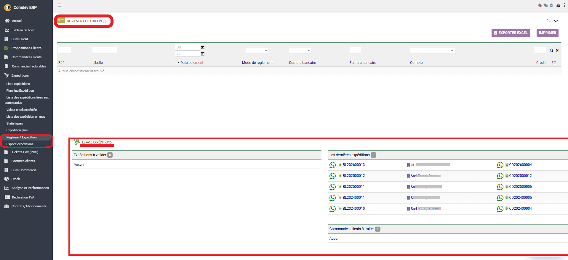Interface Règlement Expédition et Espace Expéditions Comdev ERP