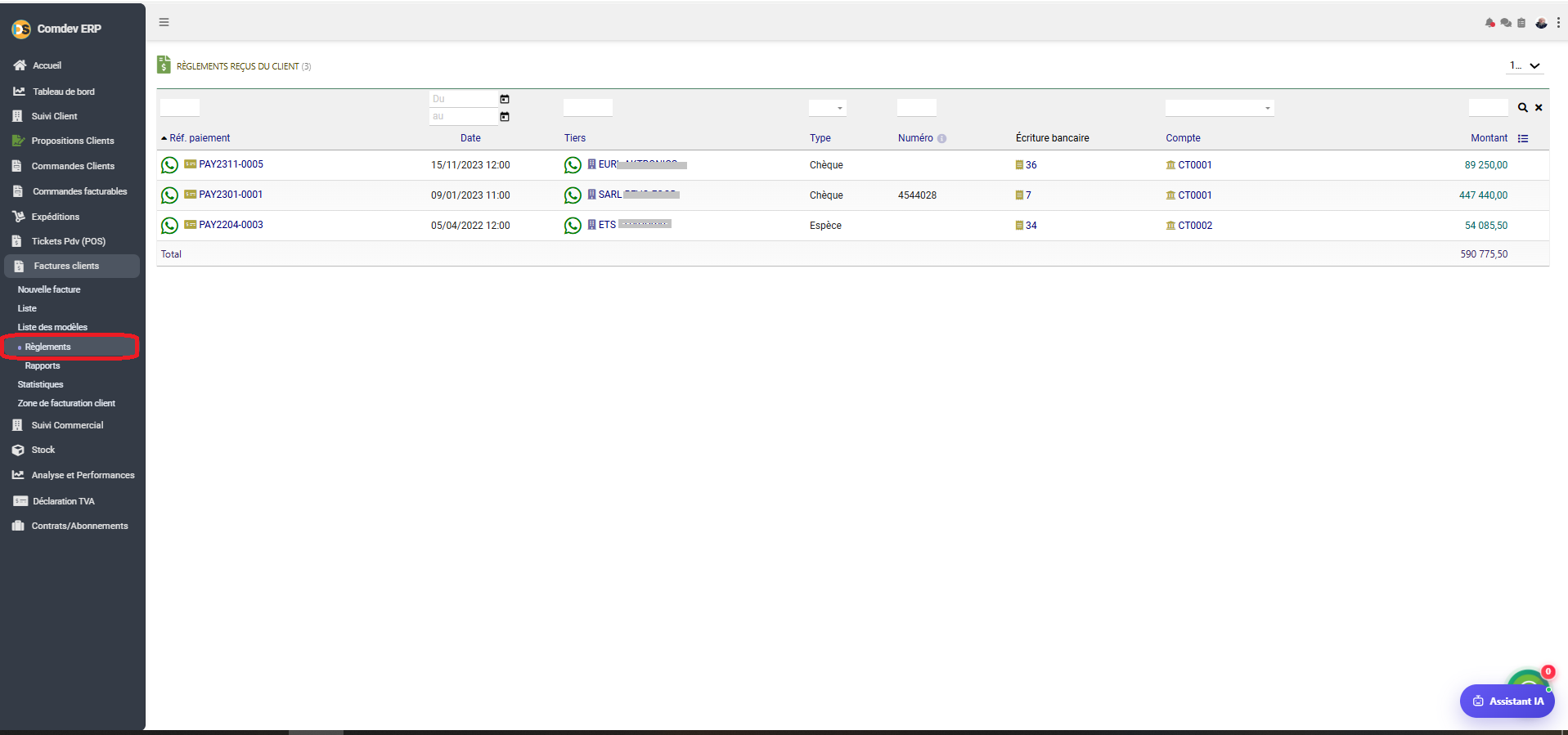 Interface Règlements Reçus du Client Comdev ERP