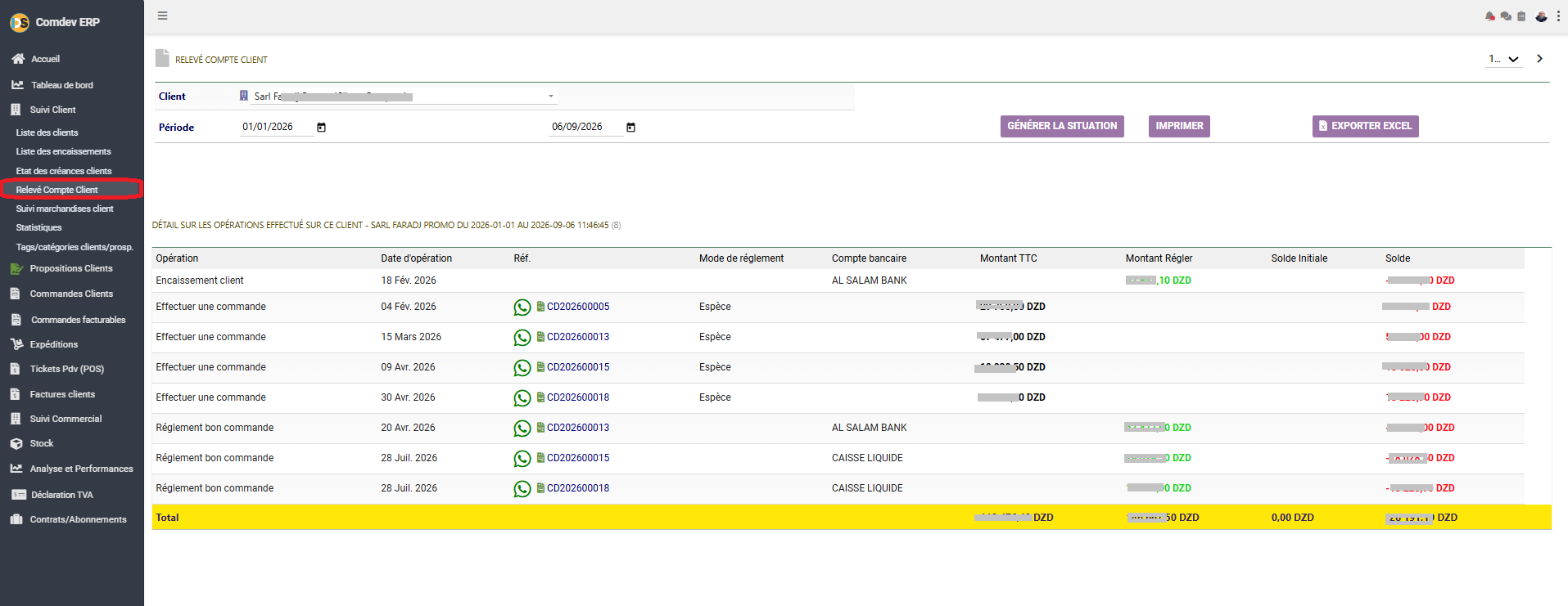 Interface Relevé Compte Client Comdev ERP