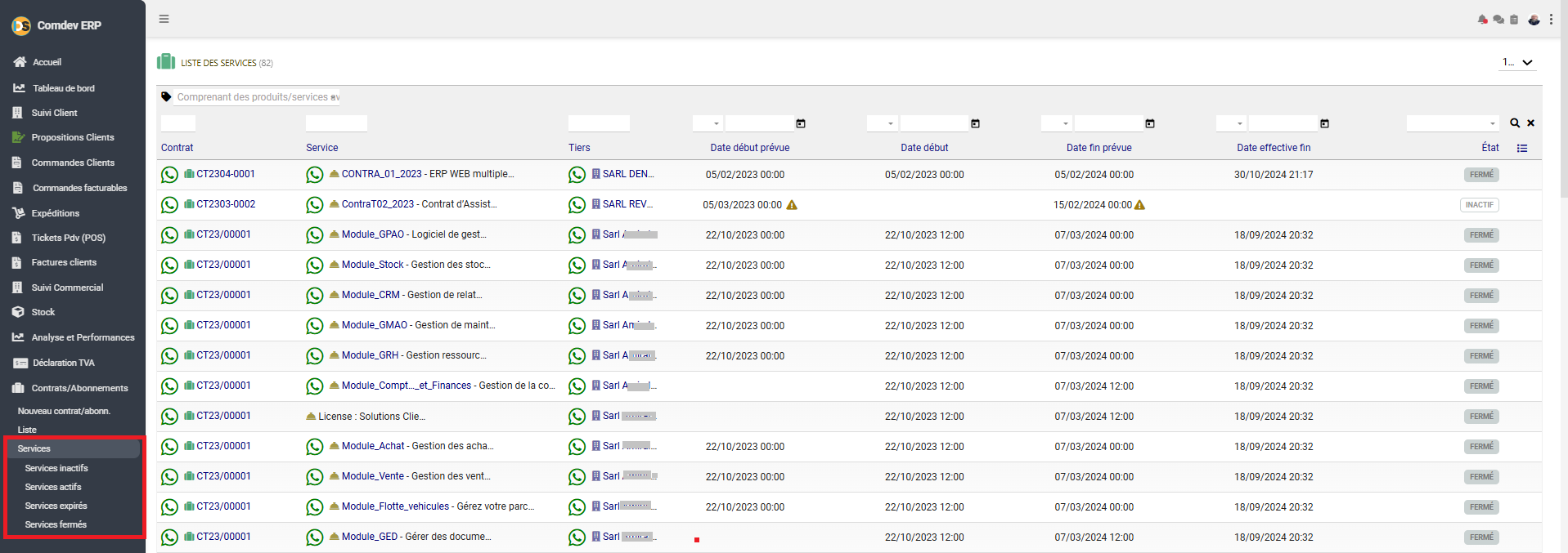 Interface Liste des Services Comdev ERP
