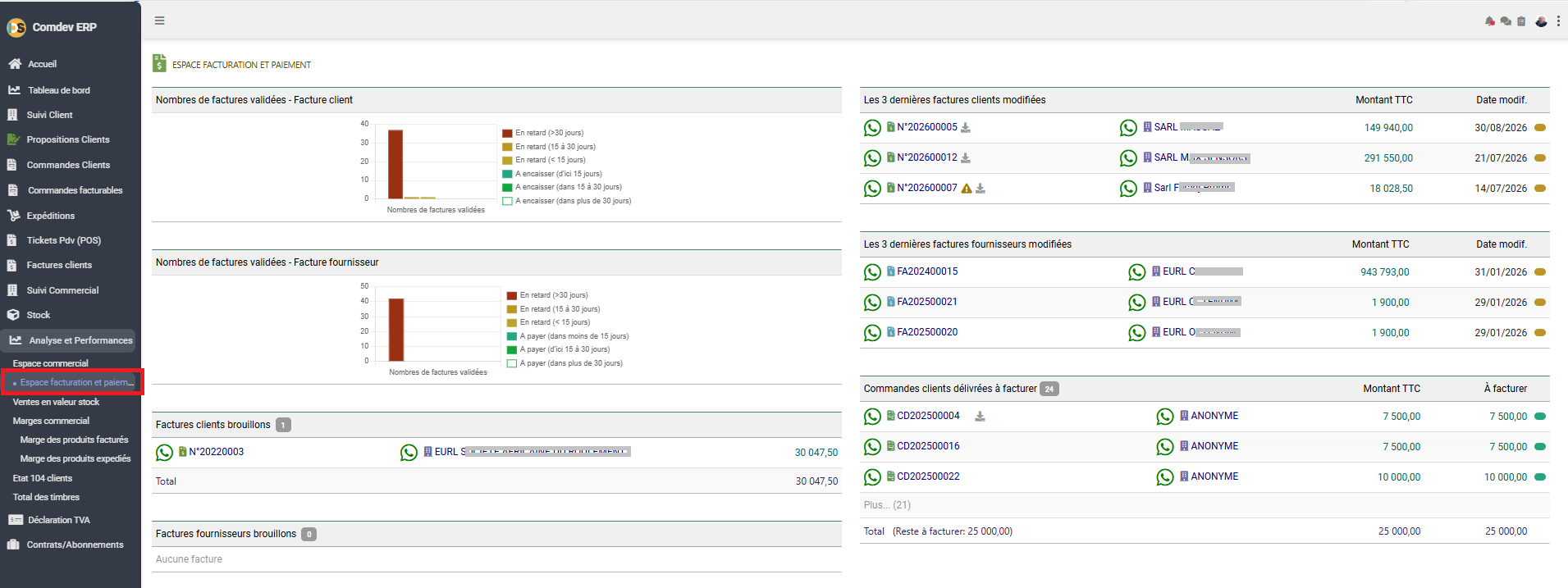 Interface Espace Facturation et Paiement Comdev ERP