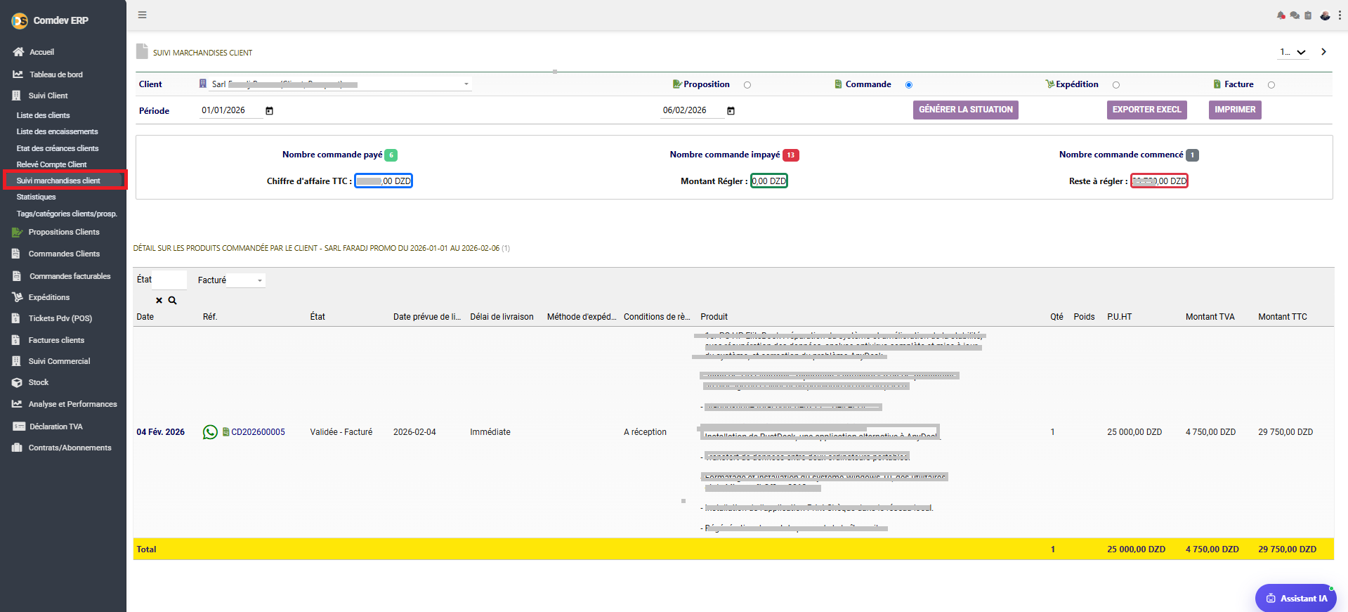 Interface Suivi Marchandises Client Comdev ERP