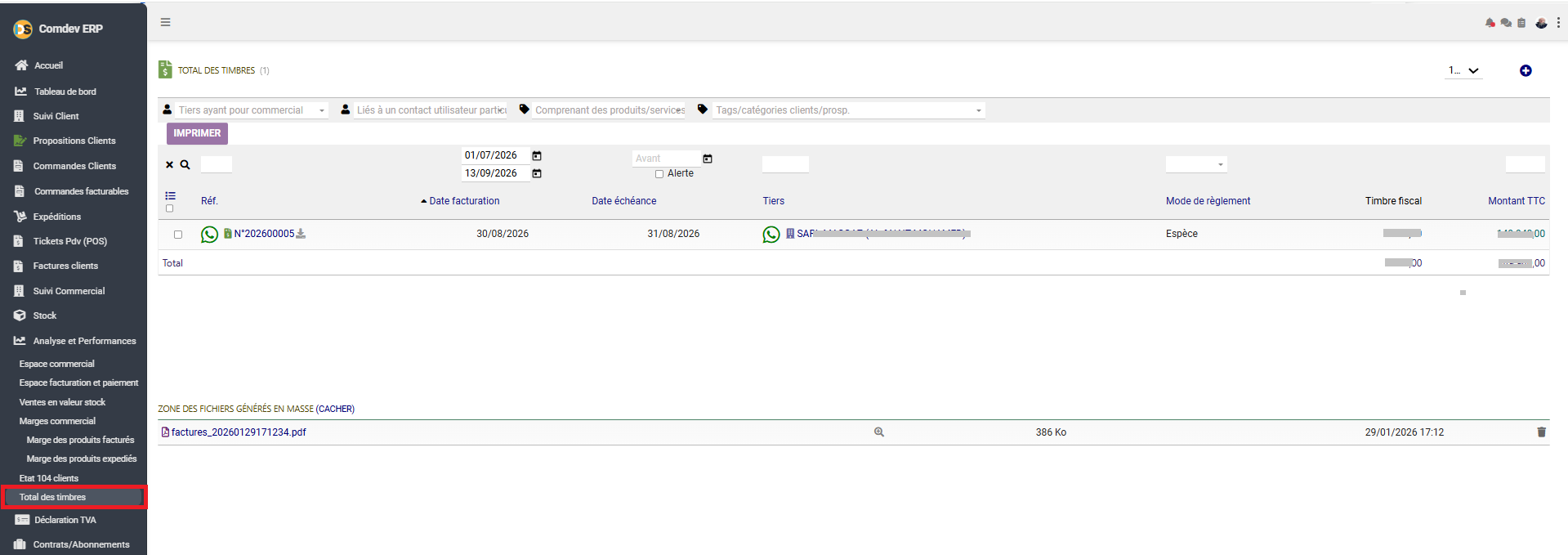 Interface Total des timbres Comdev ERP